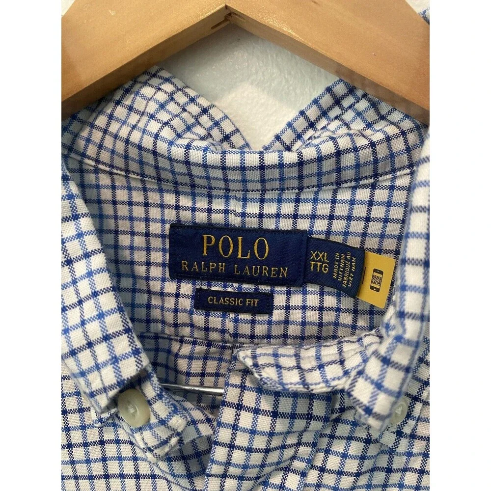 Polo Ralph Lauren Shirt Mens 2XL XXL Blue Oxford Long Sleeve Plaid Check Pony
